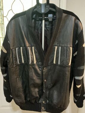 Men's Black Leather & Knit Panel Bomber Jacket